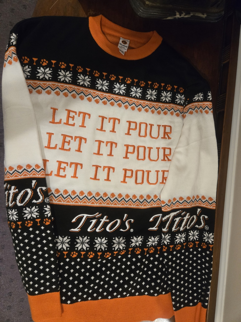 Tito's Orange, Black & White Crewneck Sweater - 'Let It Pour' Knit Pullover